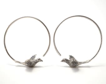 Love Bird Hoop Earrings-  Tiny Birds - solid sterling silver (156S)