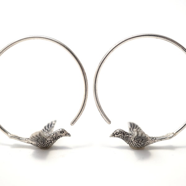 Love Bird Hoop Earrings-  Tiny Birds - solid sterling silver (156S)