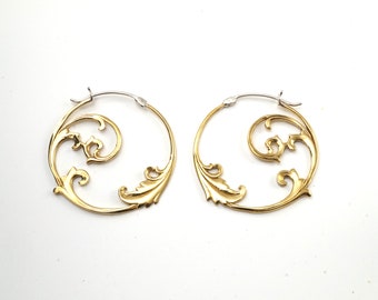 Gold Hoop Earrings - Art Nouveau Jewelry - Floral Vine Hoop Earrings - Leaf Earrings - Medium Hoops (098B)