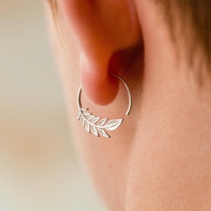 Tiny Leaf Hoops 14mm Earrings - Solid Silver + Gold - One Pair - Nature Jewelry - Olive Leaf Sleeper - (232S)
