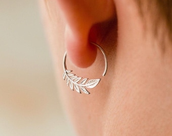 Tiny Leaf Hoops 14mm Earrings - Solid Silver + Gold - One Pair - Nature Jewelry - Olive Leaf Sleeper - (232S)