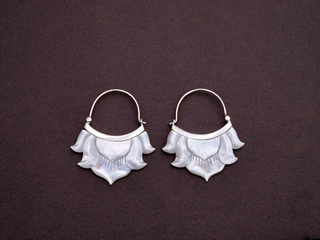 •FLORAL HOOP - LARGER• mother of pearl + silver hoop earrings