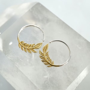 Tiny Leaf Hoops 14mm Earrings Solid Sterling Silver One Pair Nature Jewelry Olive Leaf Sleeper 232S Brass w/ 925 Hoops