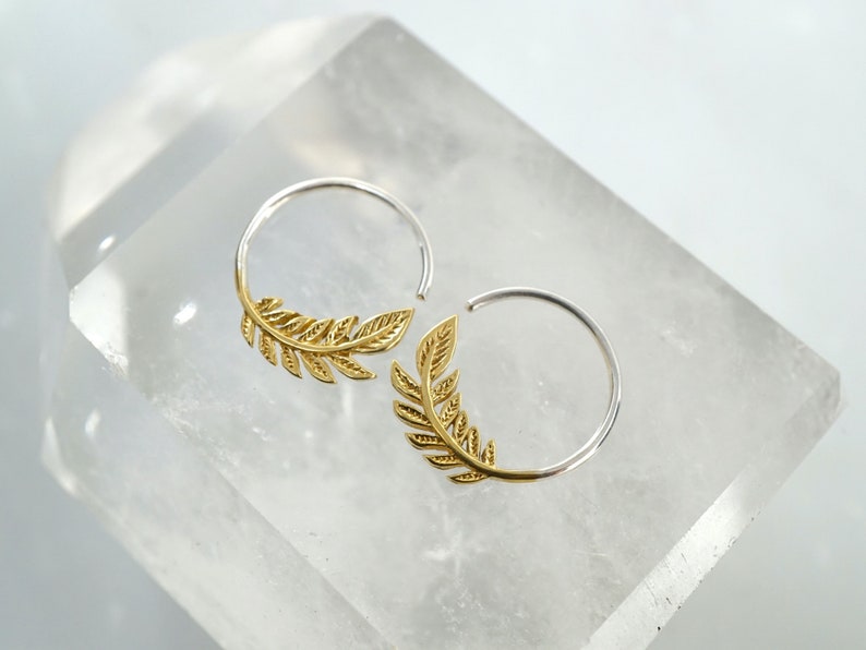 Tiny Leaf Hoops 14mm Earrings Solid Sterling Silver One Pair Nature Jewelry Olive Leaf Sleeper 232S Brass w/ 925 Hoops