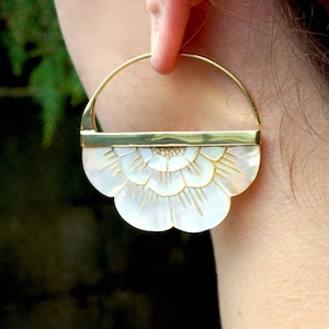 Mother of Pearl Large Flower Hoop Earrings - hand carved (160B)
