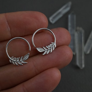 Tiny Leaf Hoops 14mm Earrings Solid Sterling Silver One Pair Nature Jewelry Olive Leaf Sleeper 232S image 2