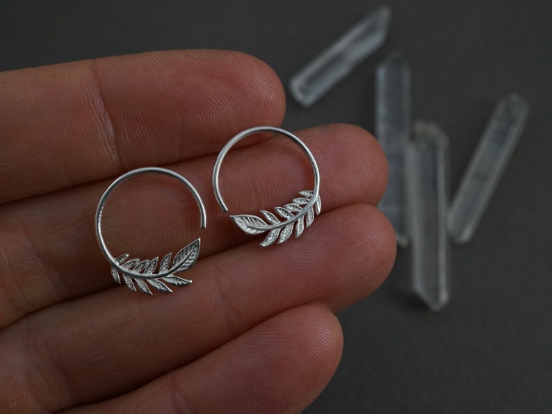 Tiny Leaf Hoops 14mm Earrings Solid Sterling Silver One Pair Nature Jewelry Olive Leaf Sleeper 232S image 2