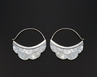 Crescent Moon Flower Hoop Earrings - Mother of pearl with Sterling Silver Bezel (s222)