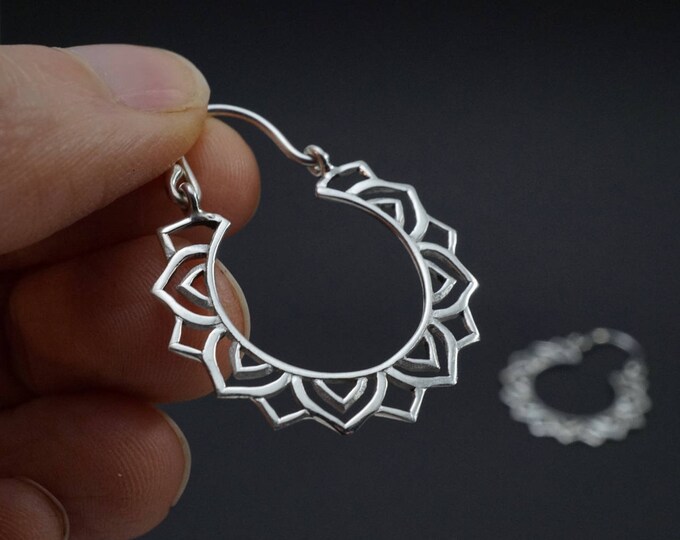 Small Mandala Star Hoop Earrings Solid Sterling Silver Yogi - Etsy