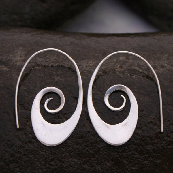 Small Tribal Spiral Hoop Earrings - Solid Sterling Silver (051S)
