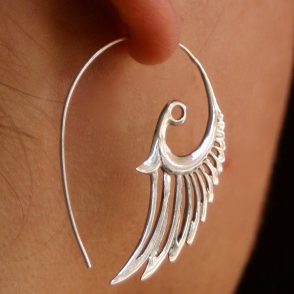 Silver Feather Earrings - Angel Wing Hoops -  Solid Sterling Silver Bird Earrings - Gypsy Tribal Hoops (055S)