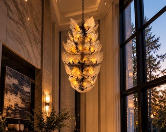 Lampadario di lusso con foglie in vetro di Murano, luce botanica color ambra, grande lampadario di grande impatto.