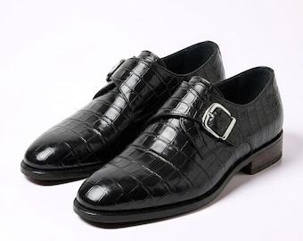 Men’s Black Croc Leather Monk Strap Shoes