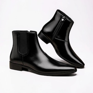 Men's Handmade Black Leather Pointed Toe Chelsea Boots – Elegant Dress Style