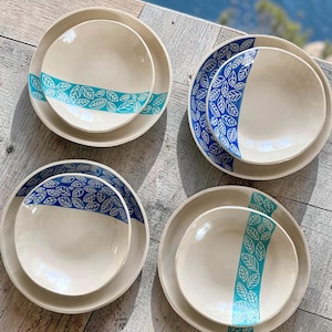 Handmade Ceramic Plate Set of 4, Italian Pottery Dinnerware, Blue Leaf Design Plates, Artisan Tableware, Unique Gift