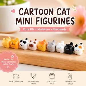 Pode incluir: Uma coleção de nove pequenas figuras de gatos em várias cores, incluindo amarelo, laranja, branco, cinzento e preto, dispostas em fila sobre uma superfície de madeira. A imagem apresenta o texto CARTOON CAT MINI FIGURINES, Cute DIY, Miniature, Handmade e Perfect for Micro Landscape & DIY Crafts.