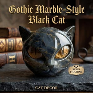 Puede incluir: Una figura de cabeza de gato negra con acabado estilo mármol, vetas doradas y grandes ojos color ámbar. El texto "Gothic Marble-Style Black Cat" aparece arriba, con "RESIN FIGURINE" y "CAT DECOR" impresos en la parte inferior de la imagen.