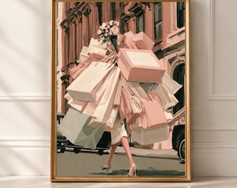 May include: A framed art print depicting a figure carrying a large stack of shopping bags in shades of pink, white, and light green. The figure wears light-colored clothing and high-heeled shoes, walking past a building with a classic facade.