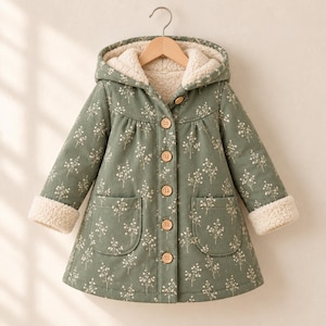 May include: A sage green hooded coat featuring a white floral pattern, a cream-coloured sherpa fleece lining, and a front button closure. The garment includes two patch pockets on the front and long sleeves with folded cuffs showing the fleece.