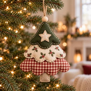 May include: A three-tiered fabric Christmas tree ornament featuring a dark green top section with a cream star, a middle section with a holly leaf and berry print, and a bottom section with a red and white gingham check pattern.