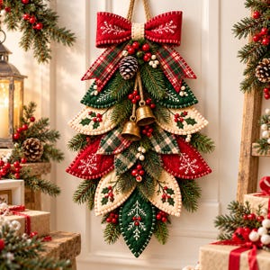 May include: A Christmas wall hanging featuring quilted fabric leaves in red, green, and cream with snowflake and holly embroidery. The arrangement includes a large red bow, two gold-toned metal bells, pinecones, and faux red berries.