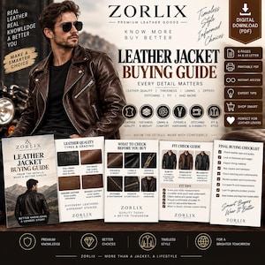 Puede incluir: Una guía de compra digital en PDF para chaquetas de cuero de Zorlix con un hombre en una chaqueta de cuero marrón, secciones detalladas sobre calidad del cuero, ajuste y una lista de verificación final para elegir artículos de cuero.