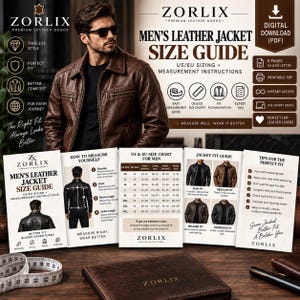 May include: A digital leather jacket size guide by Zorlix featuring a brown leather jacket, measurement instructions, US and EU size charts, fit recommendations, and tips for the perfect fit. Includes a measuring tape and a branded leather folder.