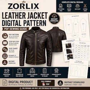 Puede incluir: Un patrón de costura digital para una chaqueta de cuero marrón oscuro de Zorlix. El paquete incluye archivos PDF, una guía de costura, una tabla de tallas de XS a 2XL y un plan de corte. La chaqueta presenta una cremallera frontal y detalles acolchados.