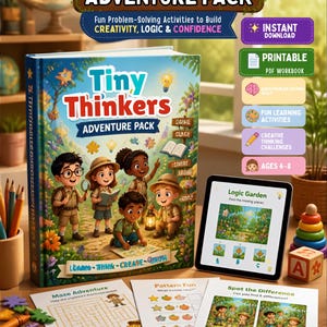 May include: A Tiny Thinkers Adventure Pack workbook featuring a colorful cover with four children in explorer outfits, a tablet displaying a Logic Garden puzzle, and three printed activity sheets titled Maze Adventure, Pattern Fun, and Spot the Difference.