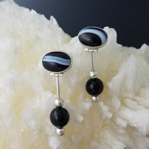 Sterling Silver Black Onyx Sardonyx Dangle Earrings