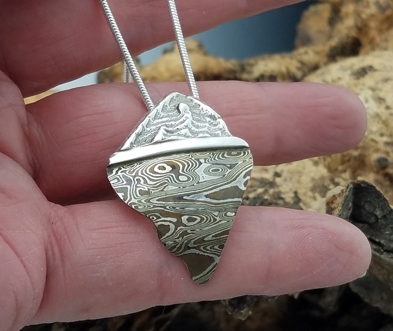 Copper Mokume and Cuttlefish Cast Sterling Silver Pendant - Abstract Shape - One of a Kind - Art Jewelry - Artisan Jewelry - Karen J Lauseng