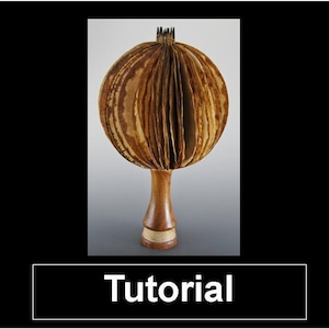 May include: A handcrafted wooden sculpture with a spherical, layered top and a slender, turned stem. The top has a textured, brown and tan appearance. The base is a lighter wood color. The word "Tutorial" is displayed in a white box.