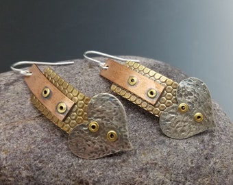 Mixed Metal Riveted Heart Earrings - Heart Dangle Earrings  (Sterling Silver - Brass - Copper) Hand Textured - One of a Kind - Unique