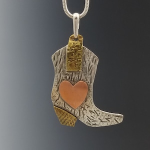 Mixed Metal Cowboy Boot Pendant: Sterling Silver Western Jewelry