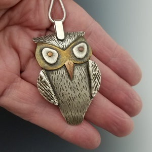 Owl Pendant - Mixed Metal - Sterling Silver - Brass - Copper - Sterling Snake Chain - Bird Jewelry - Spiritual Jewelry - One of a Kind