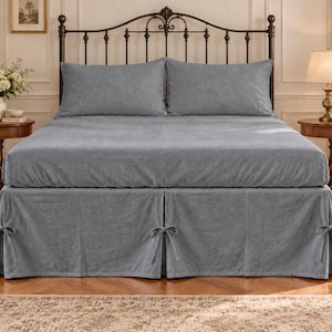 Softened Linen Split corner Bedskirt- Fossil grey french flax linen bedding bedcover- linen bedspread- Queen king twin full Custom all Size.