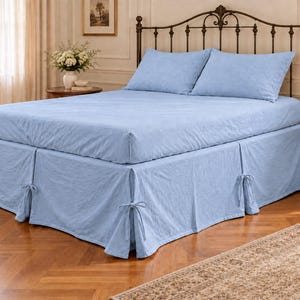 Blue Linen Split corner Bedskirt - 100% french flax linen bedding bedcover- Softened linen bedspread- Queen king twin full Custom all Size