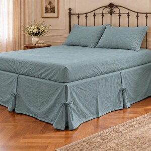 Dusty Aqua Split corner Bedskirt- French flax linen bedding bedcover- Softened linen bedspread- Queen king twin full Custom all Size.