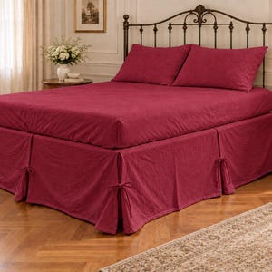 French flax linen Split corner Bedskirt- Berry Red bedding bedcover- Softened linen bedspread- Queen king twin full Custom all Size.