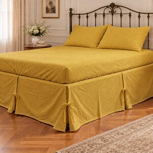 Washed Linen Split corner Bedskirt- 100% french flax linen bedding bedcover- Softened linen bedspread- Queen king twin full Custom all Size.