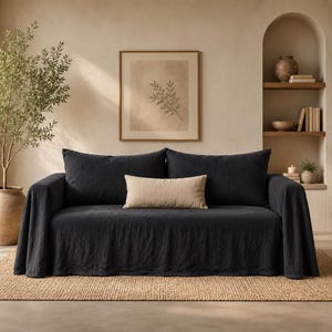 Linen Sofa Cover, French Flax Loose Fit Slipcover in Charcoal