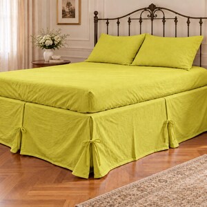 Softened Linen Split corner Bedskirt- 100% french flax linen bedding bedcover- yellow linen bedspread- Queen king twin full Custom all Size