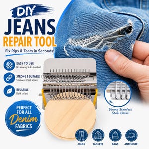 May include: A DIY jeans repair tool featuring a metal loom with stainless steel hooks and a round wooden base. The device is shown alongside text that reads DIY JEANS REPAIR TOOL, Fix Rips & Tears in Seconds, and icons for jeans, jackets, and bags.