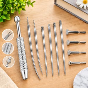 May include: A silver-colored metal tool set featuring one main handle with a textured diamond-patterned grip, five interchangeable needle-like tips of varying lengths and shapes, and four flat-headed screw-in attachments with threaded ends.
