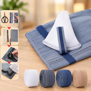 May include: A set of four elastic fabric rolls in white, gray, blue, and beige, alongside a blue denim fabric piece with a white triangular insert and a blue elastic strap. A vertical sequence of four small images illustrates the sewing process.