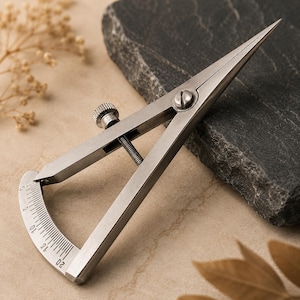 May include: A silver-toned metal divider tool featuring two pointed legs connected by a central screw mechanism and a curved scale marked with numbers from zero to twenty, designed for precise measurement and marking in drafting or metalworking.