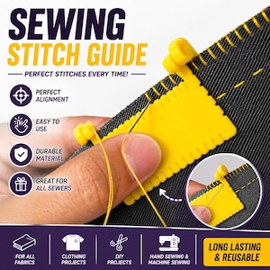 May include: A yellow plastic sewing stitch guide tool positioned on black fabric with yellow thread and a needle. The image includes text: SEWING STITCH GUIDE, PERFECT STITCHES EVERY TIME, PERFECT ALIGNMENT, EASY TO USE, DURABLE MATERIAL, GREAT FOR ALL SEWERS, FOR ALL FABRICS, CLOTHING PROJECTS, DIY PROJECTS, HAND SEWING & MACHINE SEWING, LONG LASTING & REUSABLE.