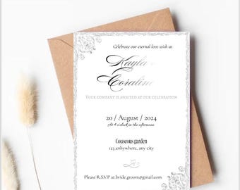 Plantilla de invitación de boda plateada Invitación de boda elegante Invitación editable en Canva Plantilla de boda romántica gris Invitación de boda digital