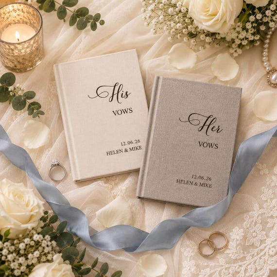 Personalized Linen Wedding Vow Books, His and Her Set, Custom Keepsake (Set of 2)