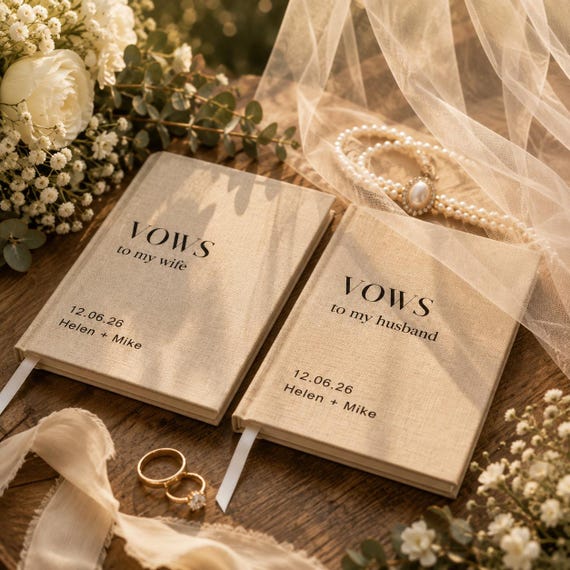 Linen-covered, fully personalized vow books for both partners — a tactile, heirloom-quality keepsake that makes the ceremony feel intentional and the shelf look beautiful.